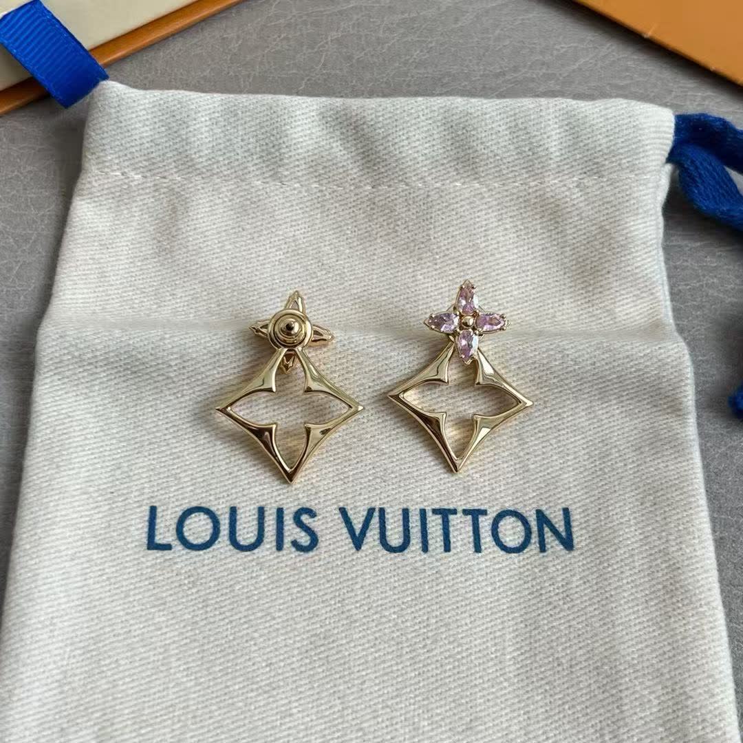 Louis Vuitton Gold Flower Stud Earrings with Pink Stones